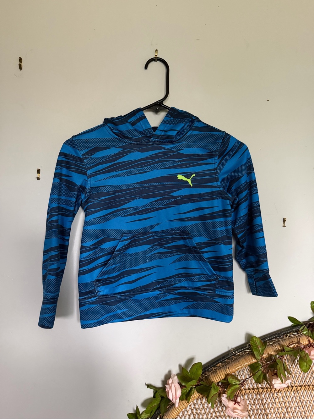 Puma Blue Striped Hoodie with Neon Yellow Logo